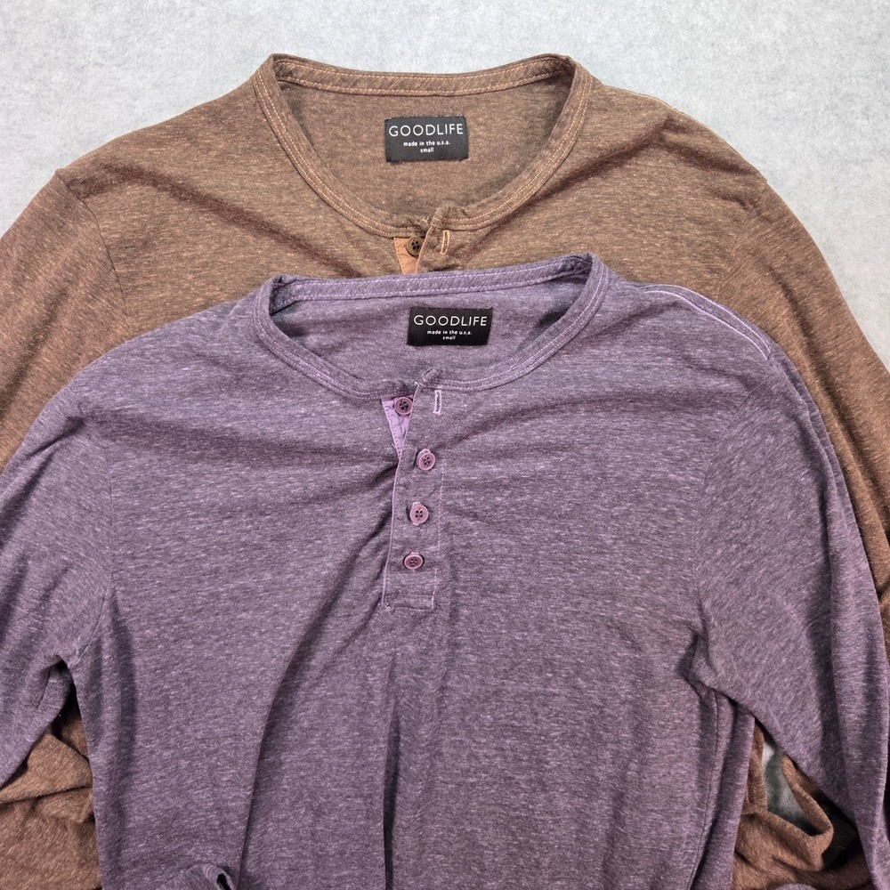 Goodlife Henley Mens Small Brown Long Sleeve Made in USA Slub Heathered Shirt
